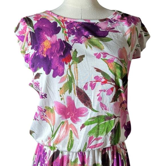 NEW Lascana Flutter Sleeve Flowy Viscose Midi Dress White Purple Pink Floral 8 - Picture 3 of 13